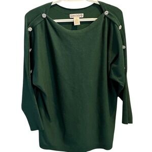 Cherie Collette Green Rhinestone Button Shoulder Dolman Sweater Medium BSW1499M